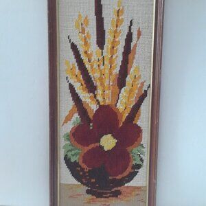 Vintage/Antique Needlepoint With Red Flower And Bulrush